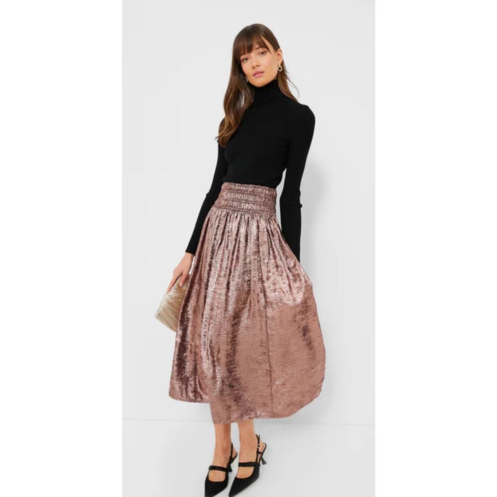 The Great Rose Gold Viola Skirt Metallic Midi Smocked Waist Size 2 (M)